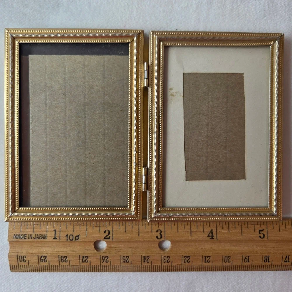 Vtg Gold Metal Folding Double Picture Frame Made in Japan Ornate Filigree 3x2